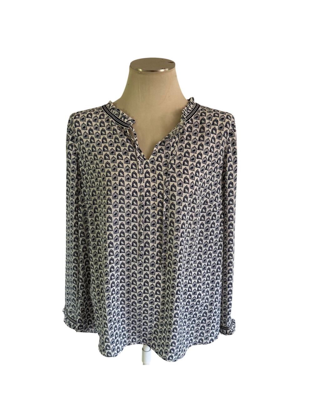 Talbots Navy Blue Bird Print Blouse Plus Size 1X Tassel Boho